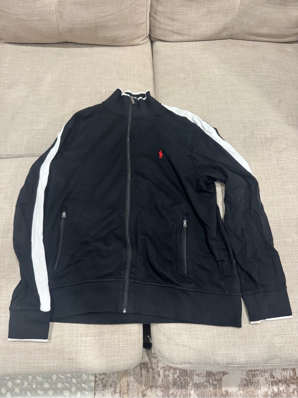 Ralph Lauren Black Track Suit with White Sleeve Stripes and Red Logo